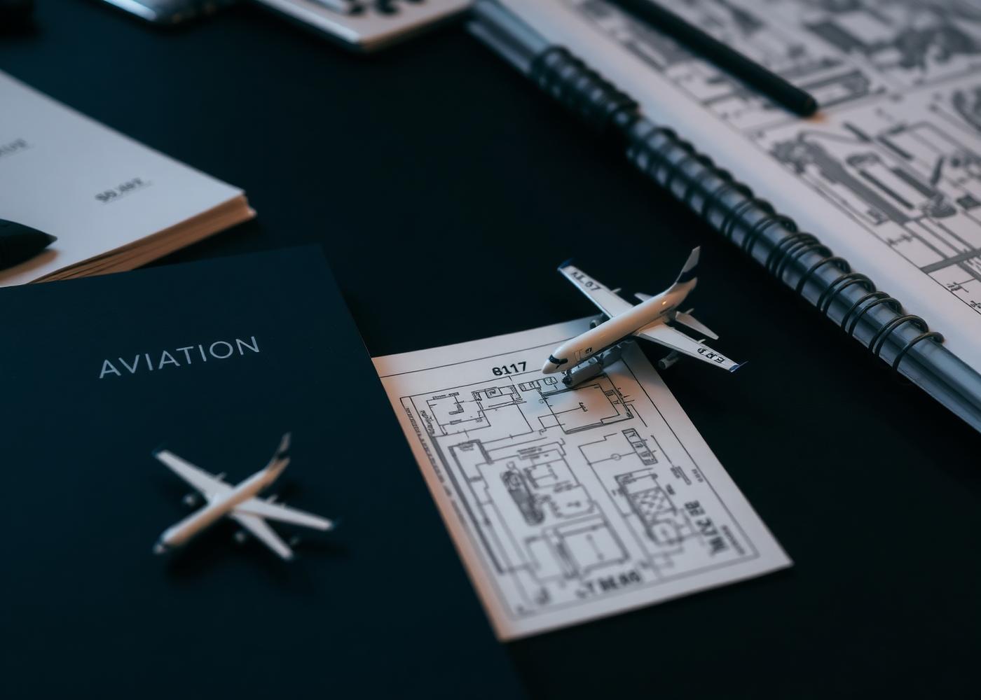 Aviation technical manuals, engineering blueprints and a model aircraft on a desk